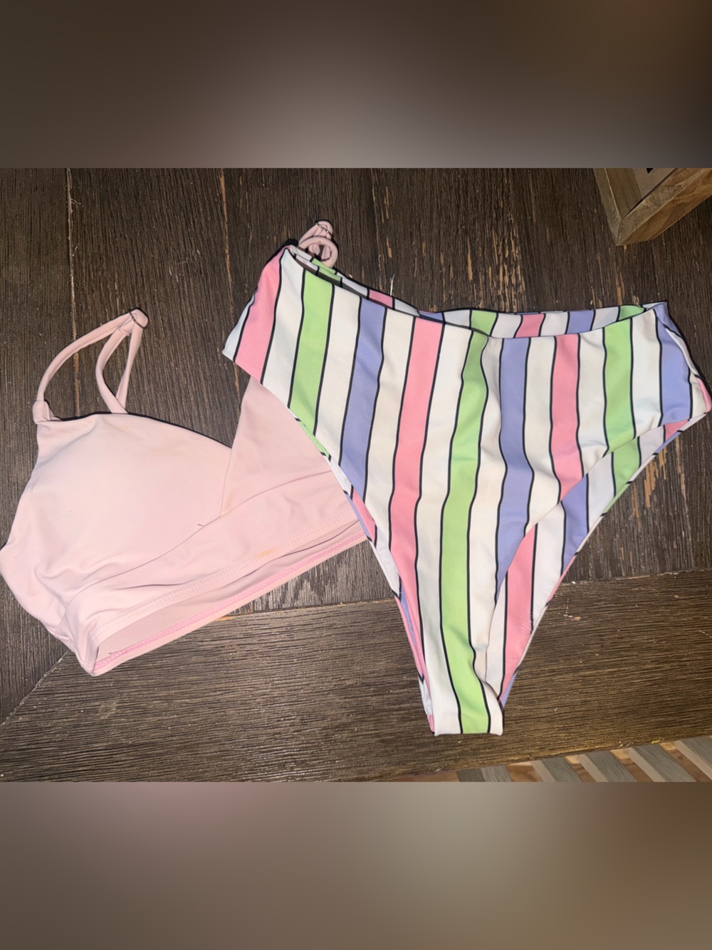 Pastel Pink Bikini Top with Pastel Striped Bottoms